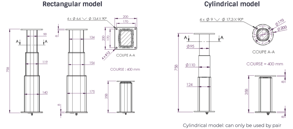 3 parts anodised aluminium table lift